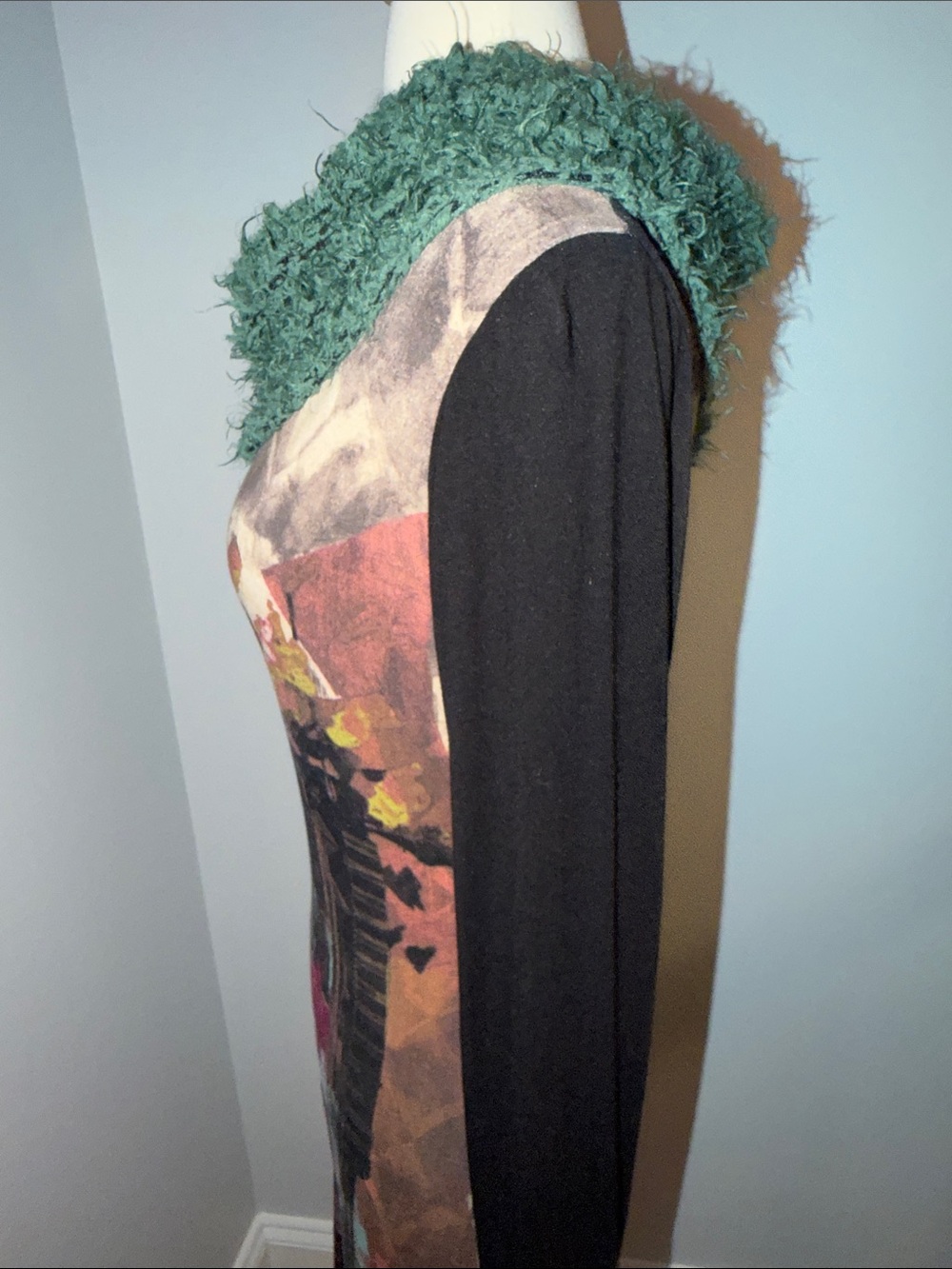 Save The Queen Long Sleeve Graphic Dress with Teal Knit Cowl and Black Sleeves - Picture 6 of 13